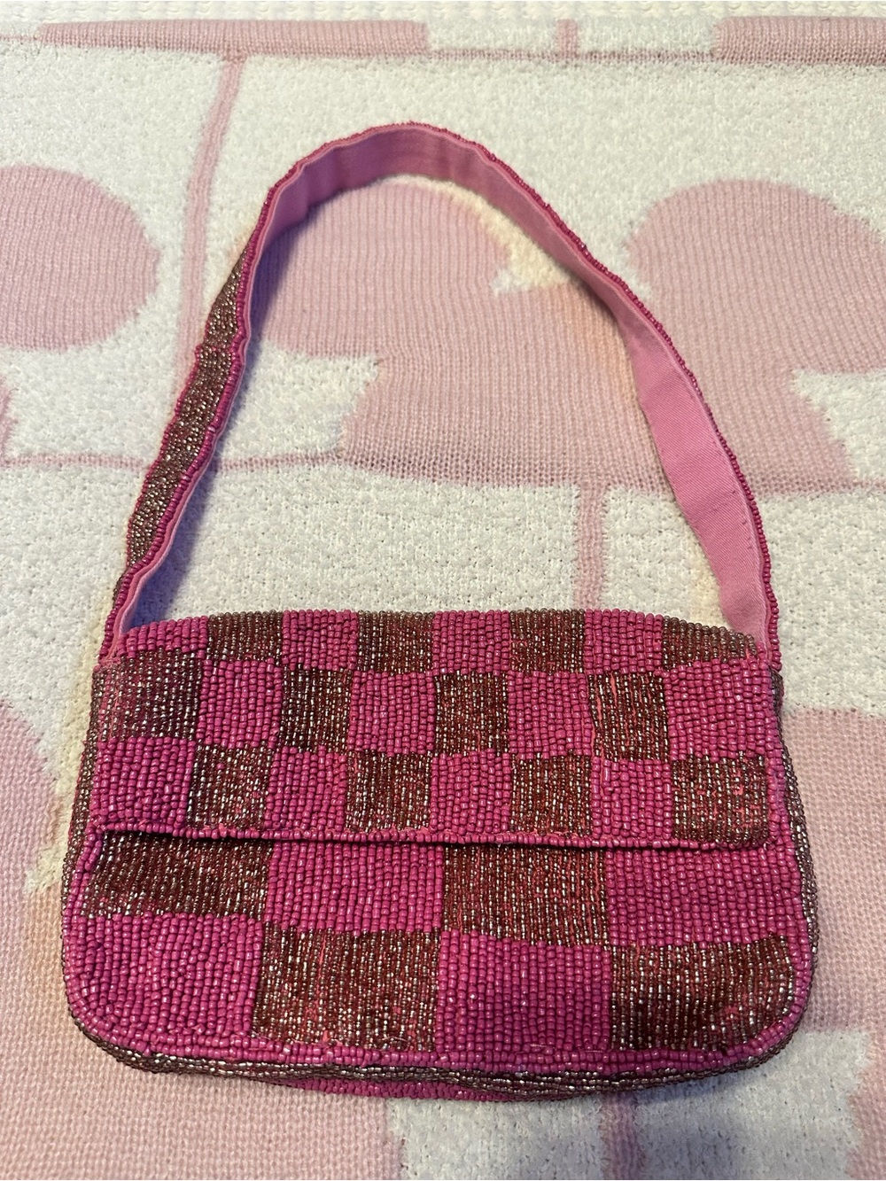 Anthropologie Pink and Brown Beaded Checkerboard Shoulder Bag